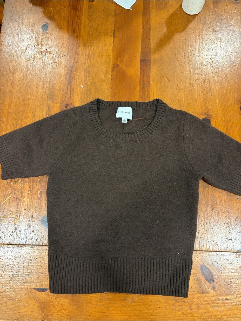 Pink Rose Women's Crewneck Short Sleeve Sweater in Dark Brown